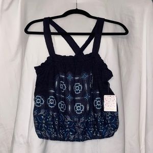 Free People Navy and Blue Patterned Blouse